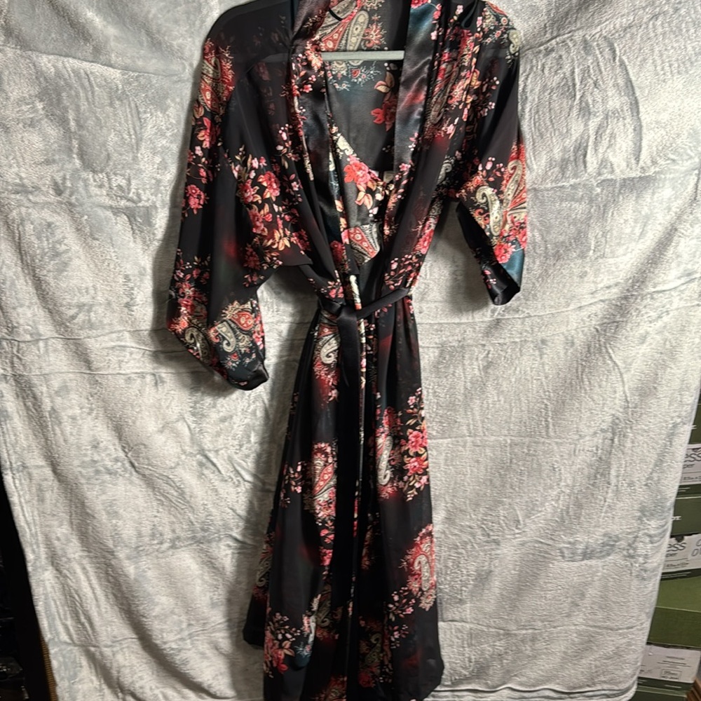 slip‎ nightgown dress matching robe 2 pieces black size 10/12 m romantic nighty